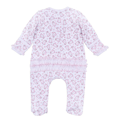 My Little Boo Print Ruffle Zip Footie - Pink