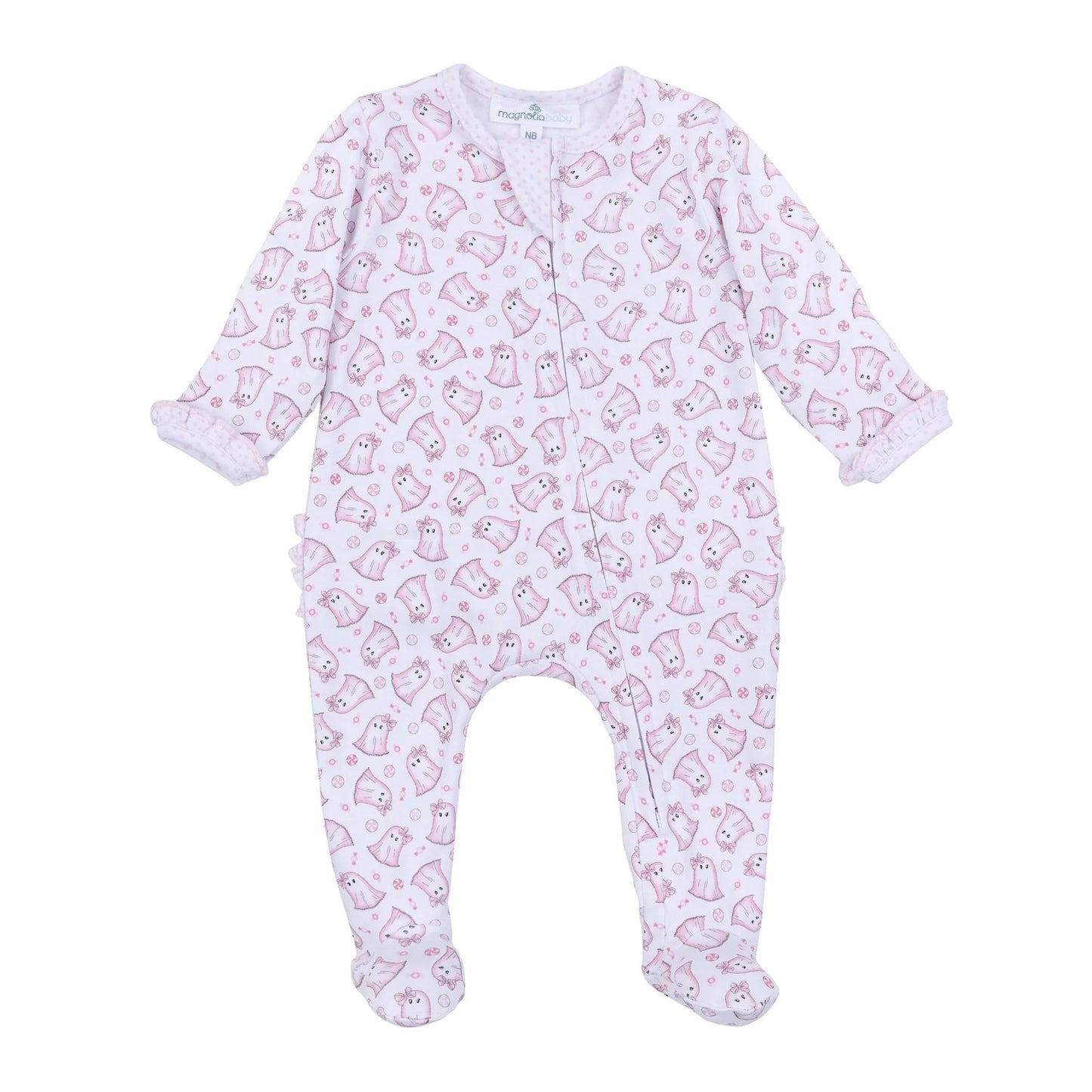 My Little Boo Print Ruffle Zip Footie - Pink