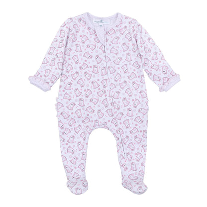 My Little Boo Print Ruffle Zip Footie - Pink