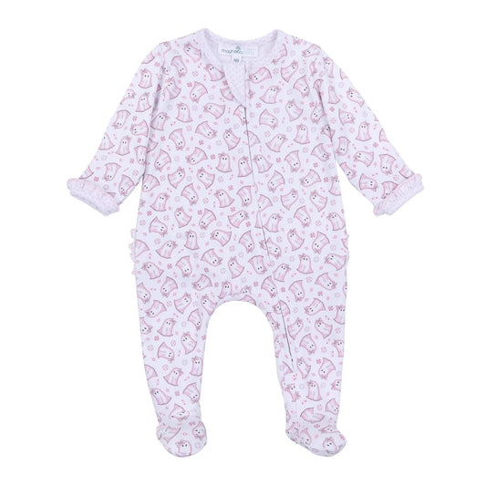 My Little Boo Print Ruffle Zip Footie - Pink