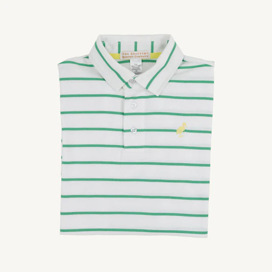 Prim & Proper Polo- Gibson Island Green Stripe with Lake Worth Yellow Stork