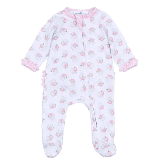 Santa Baby Print Ruffle Zip Footie - Pink