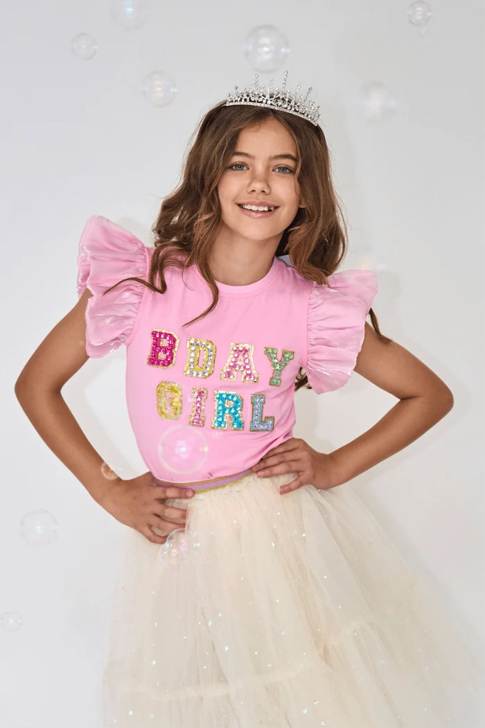 Pink Birthday Girl Gem Ruffle T-Shirt